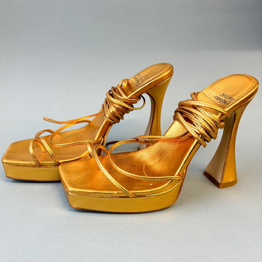 Jeffrey Campbell Metallic Gold Wrap Tie Sandal Platform Heels, 8
